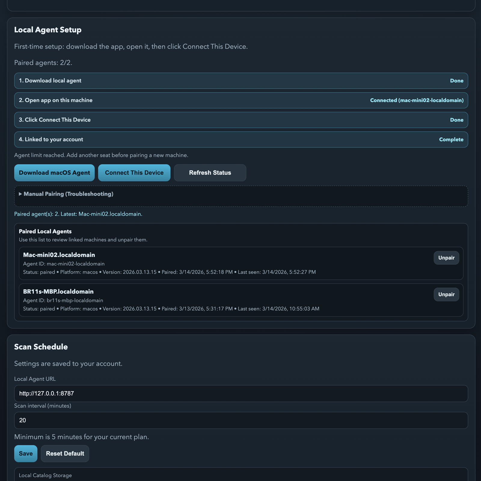 Cloud Tree local agent setup and status view.