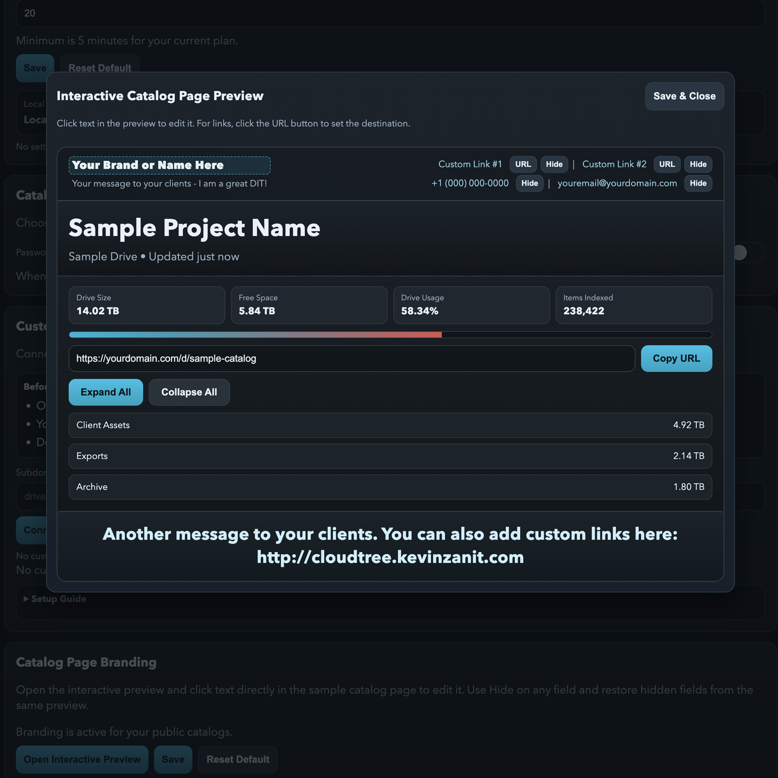 Cloud Tree branding configuration screen with editable brand name, message, and support contact fields.